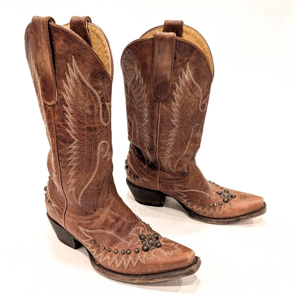IDYLLWIND Trouble Western Brown Leather Studded embroidered Cowgirl Boots